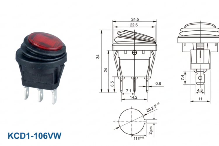 Công tắc bập bênh có đèn báo 3 chân 220VAC KCD1-106VW